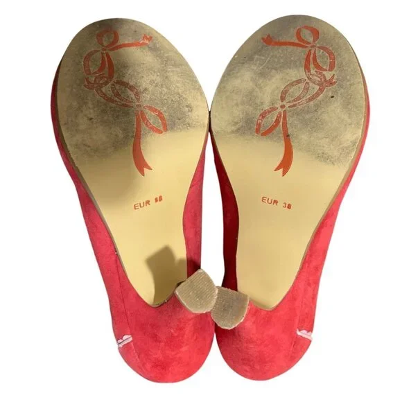 Poetic Licence London Lace Trim Red Suede Heels Pink-Bow Art Size EU 38 / US 7 - Picture 7 of 9